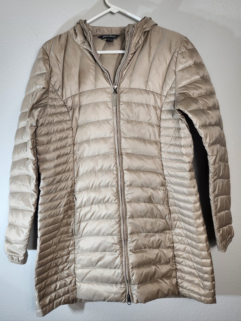 Eddie Bauer Womens |L| Beige Hooded Long Mid-Length Down Puffer Coat